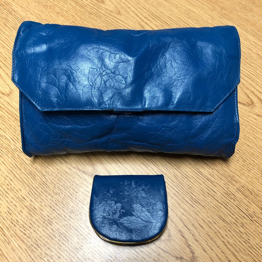 Vintage Royal Blue Embossed Leather Clutch & Purse